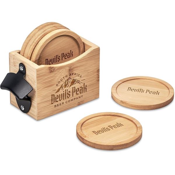 Okiyo Kanpai Bamboo Coaster & Bottle Opener Set, HL-OK-141-B